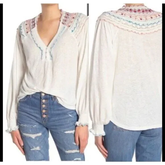 Free People - White Siesta Fiesta Colorful Embroidered Crochet V Neck Top Size S - Picture 9 of 13